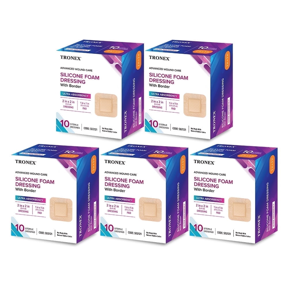 Tronex Silicone Foam Dressing, 2" x 2", Adhesive Border, Waterproof, Sterile, Latex-Free, Beige, Pack of 50