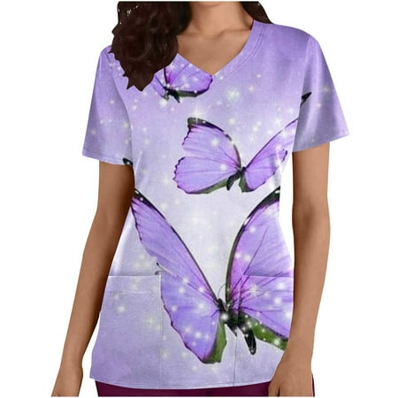 

CYMMPU Short Sleeve Scrub_Tops with Pockets Clearance Women s Nurse Uniform Workwear V-Neck Working Uniform Trendy Clothing Shirts Summer Tunic Fashion Retro Butterfly Printing Purple L