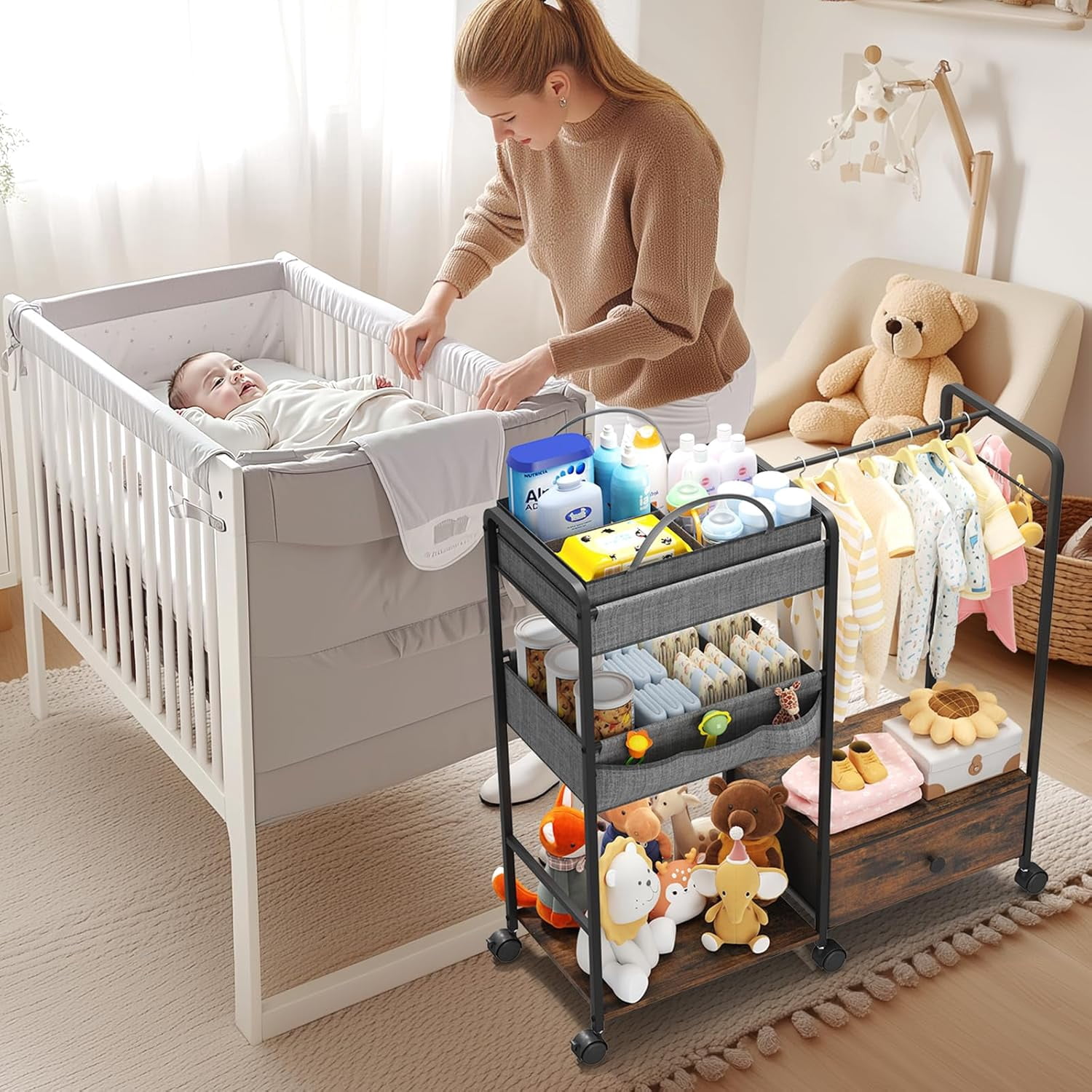 3in1 Diaper Caddy Organizer - Diaper Caddy & Rolling Diaper Cart with Kids Clothing Rack for Nursery and Baby Essentials, Multi-Function Utility Cart for Bedroom and Bathroom, Black&Brown