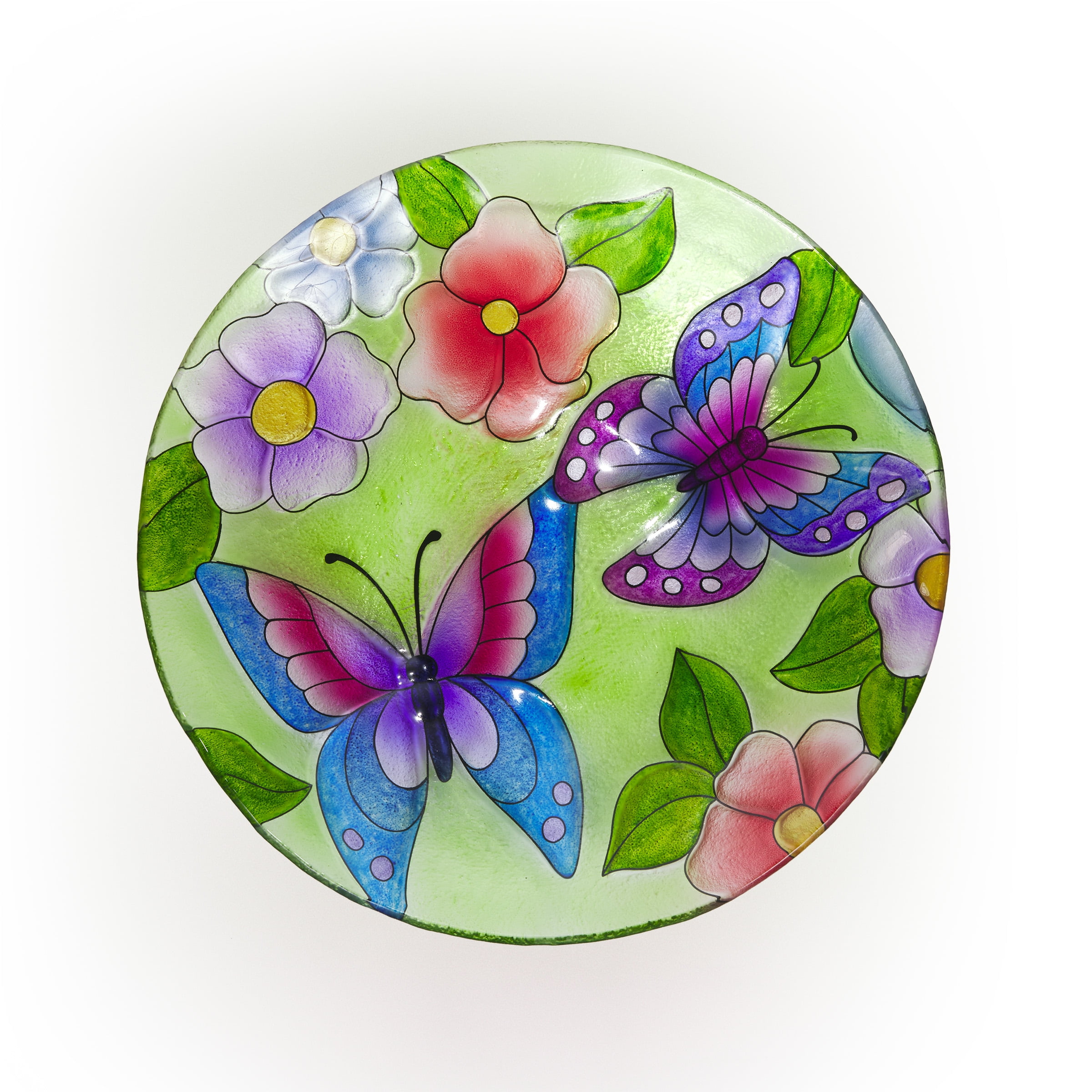 Alpine Corporation 18" Floral Butterfly Painted Glass Birdbath Bowl, Multicolor