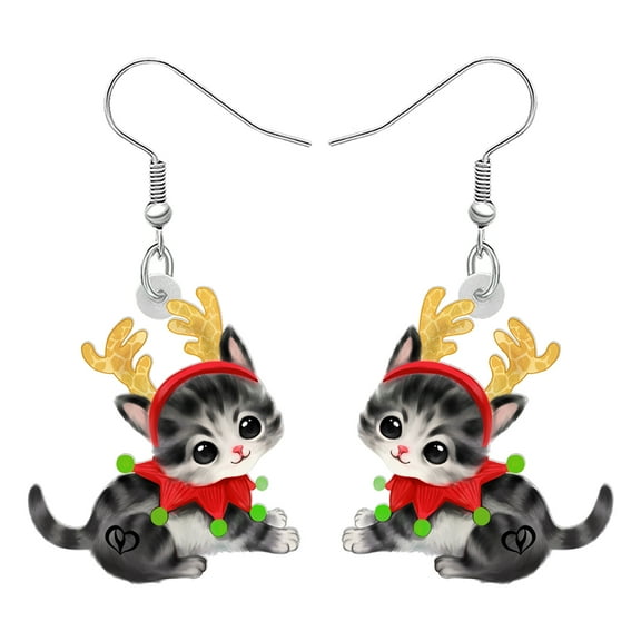 Cute Christmas Reindeer Cat Earrings Acrylic fun Antler Pets Dangle Jewelry For Women Charms Gifts