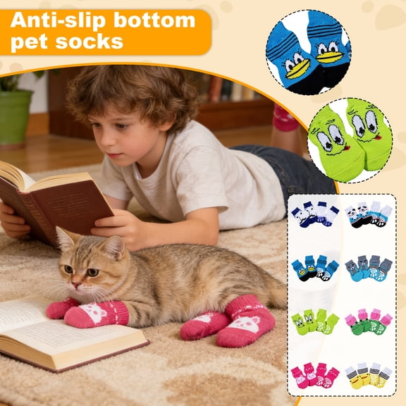 4-Pack Anti-Slip Pet Socks, Cartoon Patterned Knit Paw Covers, Traction Control Footwear for Small to Medium Dogs and Cats, Pet Grooming & Household Floor Protection Supplies