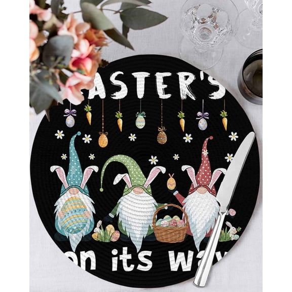 15 Inch Round Placemats Set of 4, Black Gnomes Easter Non Slip Heat Insulation PP Table Mats, Eggs Botanical Carrot Pastoral Washable Place Mats for Kitchen Dining Party Table Decor