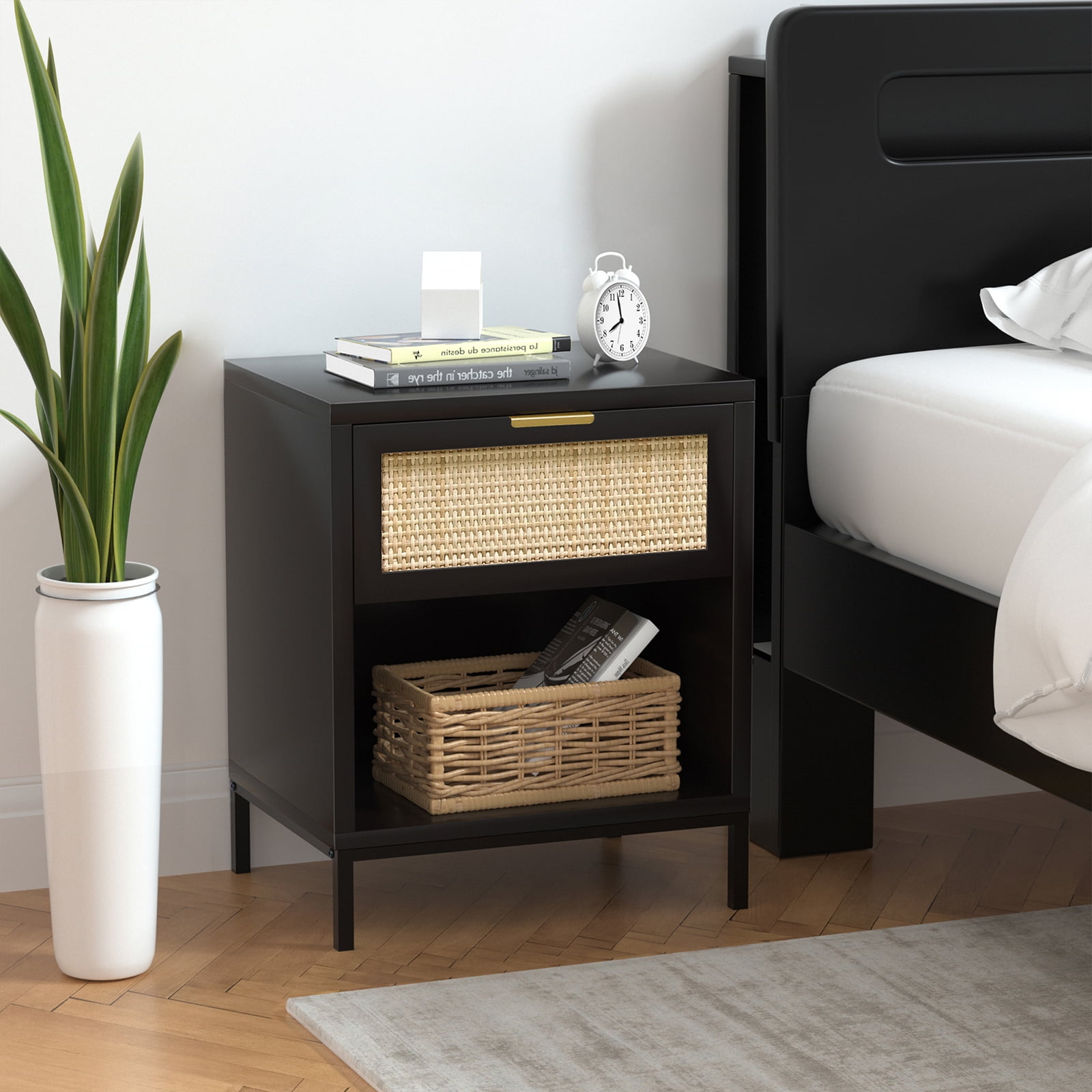 Eumyviv Rattan Nightstand, Black Bedside Table with 1 Natural Rattan