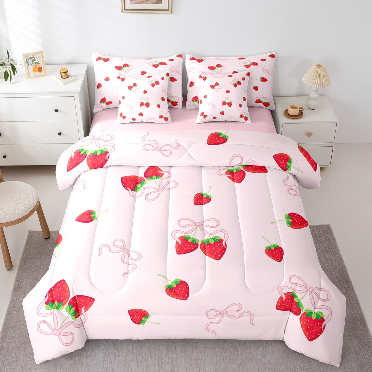 Castle Fairy Kawaii Red Strawberry Girl 7Pcs Bedding Comforter Set Cartoon Bow Tie Queen Bedding Sets Super Cozy Girly Pink Bow Queen Sheet Sets Microfiber Bedroom Decor