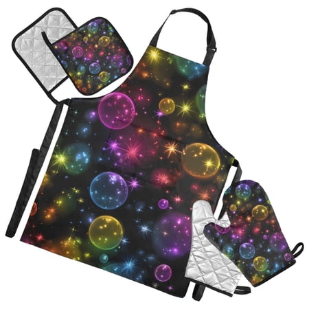 Rainbow Colored Bubbles Apron Set with Oven Mitts Pot Holders Set of 5 Kitchen Stuff Accessories