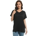 thumbnail image 3 of Women's V Neck T-shirt with Rolled Sleeves, Summer Loose Fit Tops with Side Split, 3 of 5