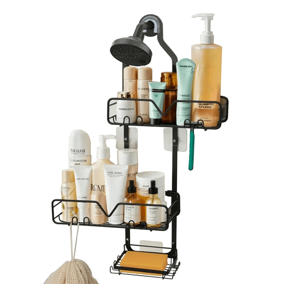 Shower Caddy Hanging – Rustproof Over Shower Head Organizer with Soap Tray, Large Capacity, Adhesive, No Drilling, Moveable Black