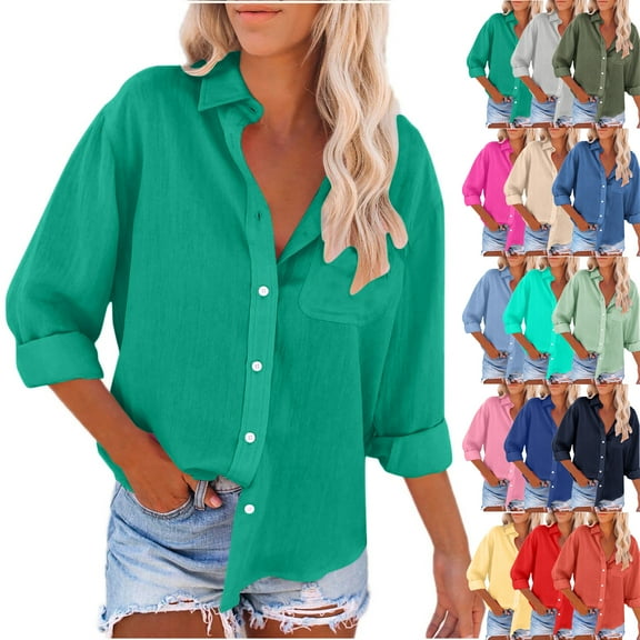 Admvng Button Down Shirts for Women Solid Color Lapel Casual Button Up Long Sleeved Shirt S-2XL