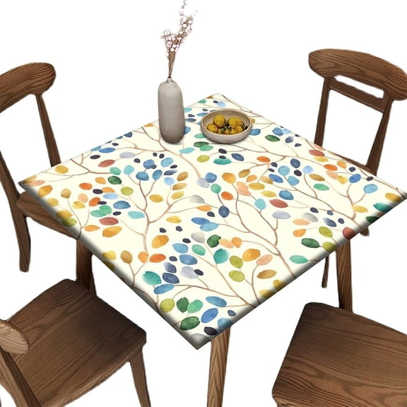 Square Fitted Elastic Edge Table Cloths, Abstract Colorful Leaves Flower Plant Polyester Table Cover, for Indoor Holiday Family Banquet and Outdoor Patio Use, Fit for 34" x 34"Square Table