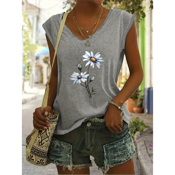 MORTTIC Women's Daisy Flower V-Neck Shirt Summer Boho Floral Wildflower Graphic Tee, Casual Cottagecore Short Sleeve T-Shirt