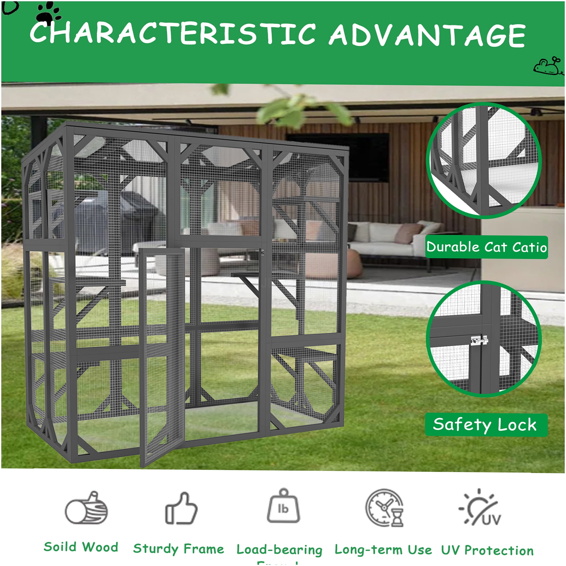 JERFIT 60" Large Outdoor Catio Enclosure with Waterproof Roof, 6 Multi-Level Platforms, Durable Wood & Wire Mesh Cage, Grey Cat House for Multiple Cats