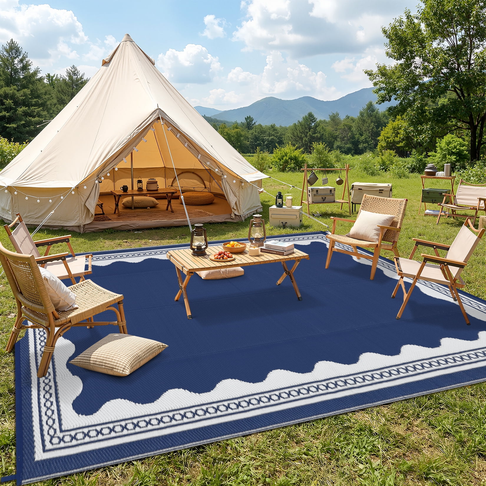 HIWEAVER Navy 9'x 12' Outdoor Rug Garden Decor Scolloped Bordered Carpet Plastic Straw Waterproof Reversible Patio Area Rug for Balcony Deck Picnic Portable Camping Mat