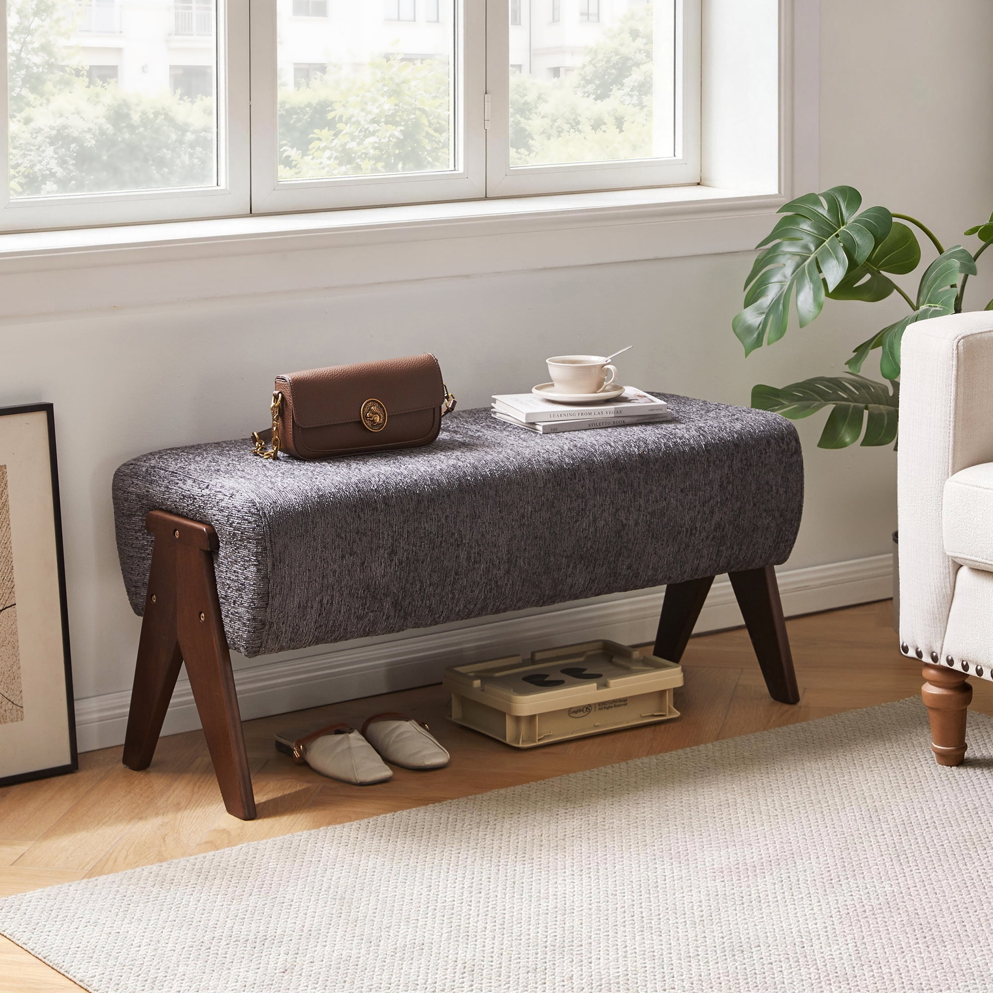 Chenille Upholstered Bench with Solid Wood Legs, Gray, 38.19 in x 15.75 in x 16.93 in