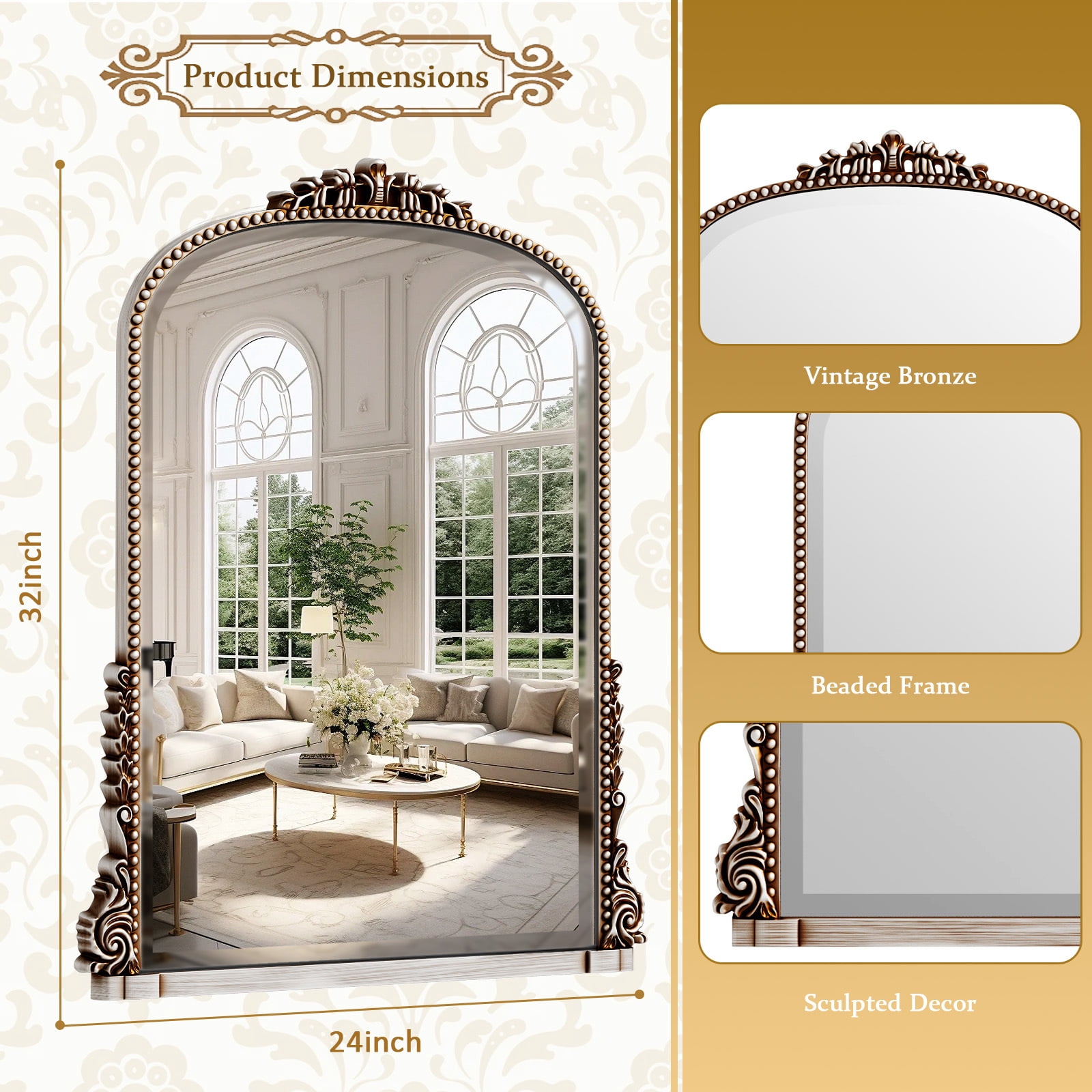 Gleamira 32"x 24" Arched Bathroom Mirror Vintage Vanity Mirror Wall Decorative Mirror, Antique Silver