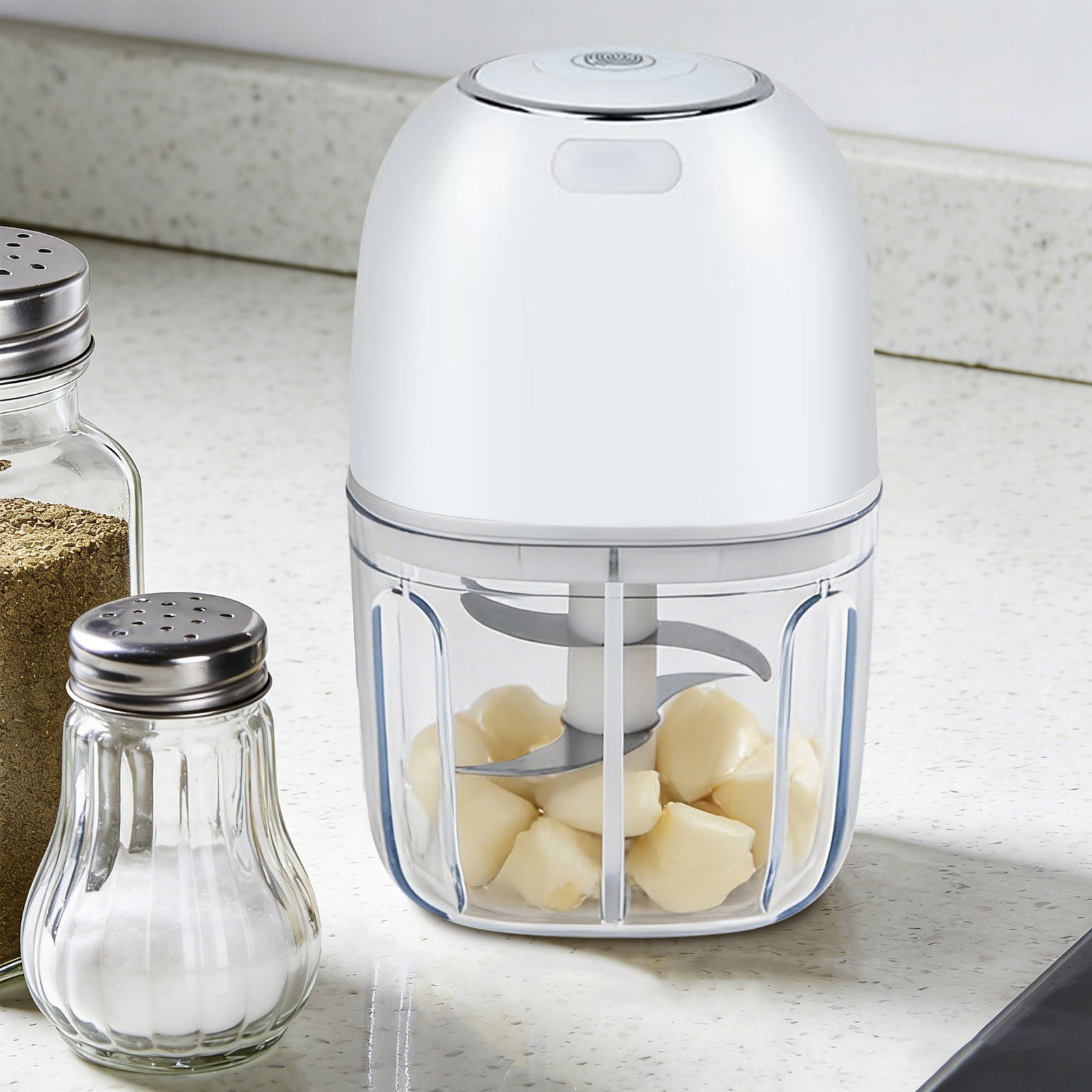 VMWMSSR High-Efficiency Garlic Chopper Electric, Easy Clean Mini 350Ml Food Processor, One-Touch Design Stainless Steel Blade Food Grinder For Kitchen, Camping & Travel Use White-14cm
