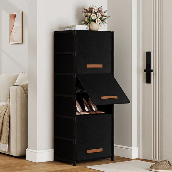 Dovied 7 Tier Narrow Shoe Rack with Covers Shoe Storage Organizer Holds 14 Pairs for Closet Entryway Hallway, Black