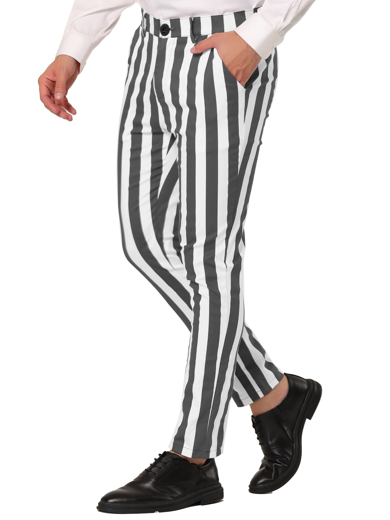Unique Bargains Men's Striped Pants Business Skinny Fit Color Block Trousers 36 Gray White