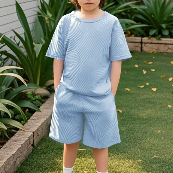 Tdoqot Boys Waffle Knit Outfit Sets- Summer Casual Short Sleeve Fashion Kids Ribbed T Shirts and Shorts Light Blue Size 6-14