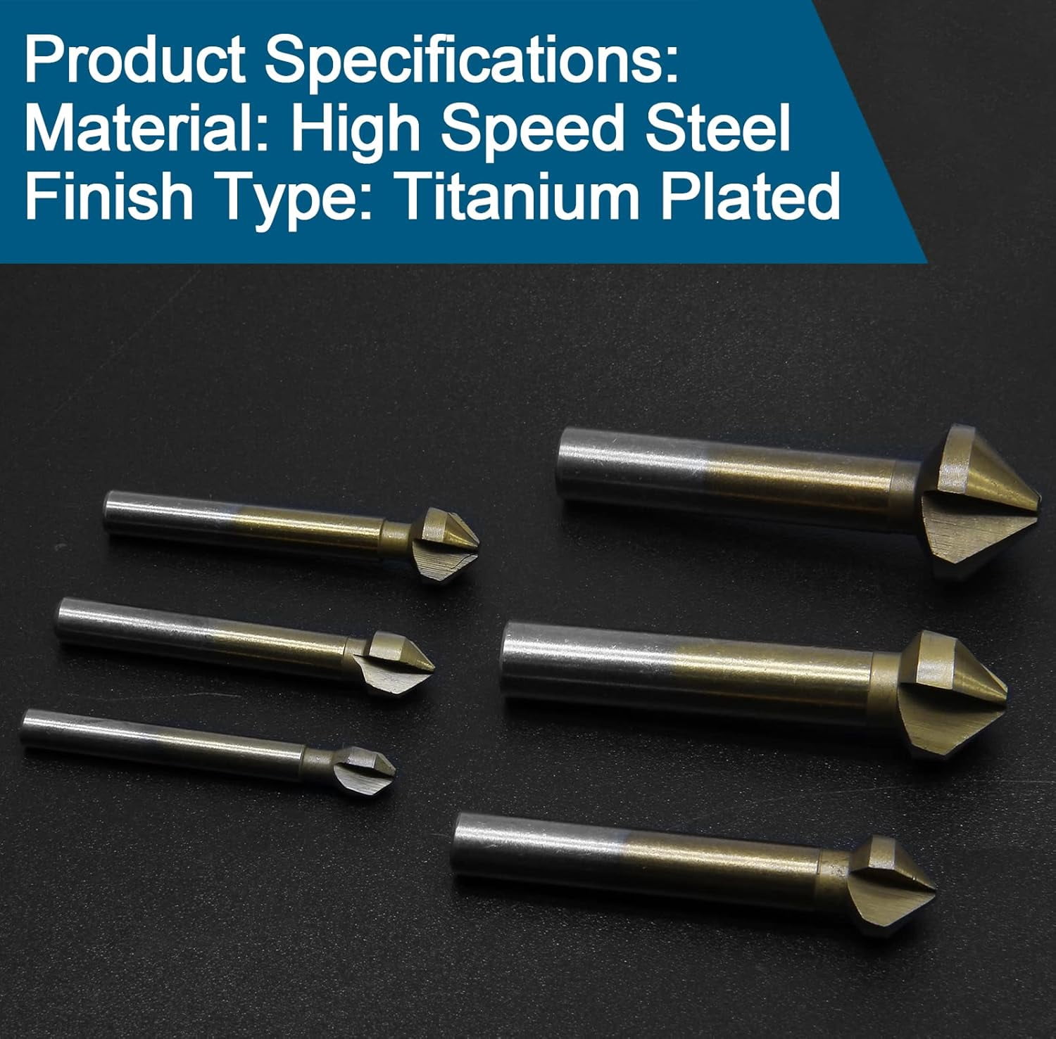FRKSMD-6 Pack 3 Flute 90 Degree Countersink Drill Bit Set, Titanium HSS Chamfering Tool Set Metric End Mill Cutter Bits, Deburring Chamfering Bit for Metal, Wood, Aluminum, Stainless Steel