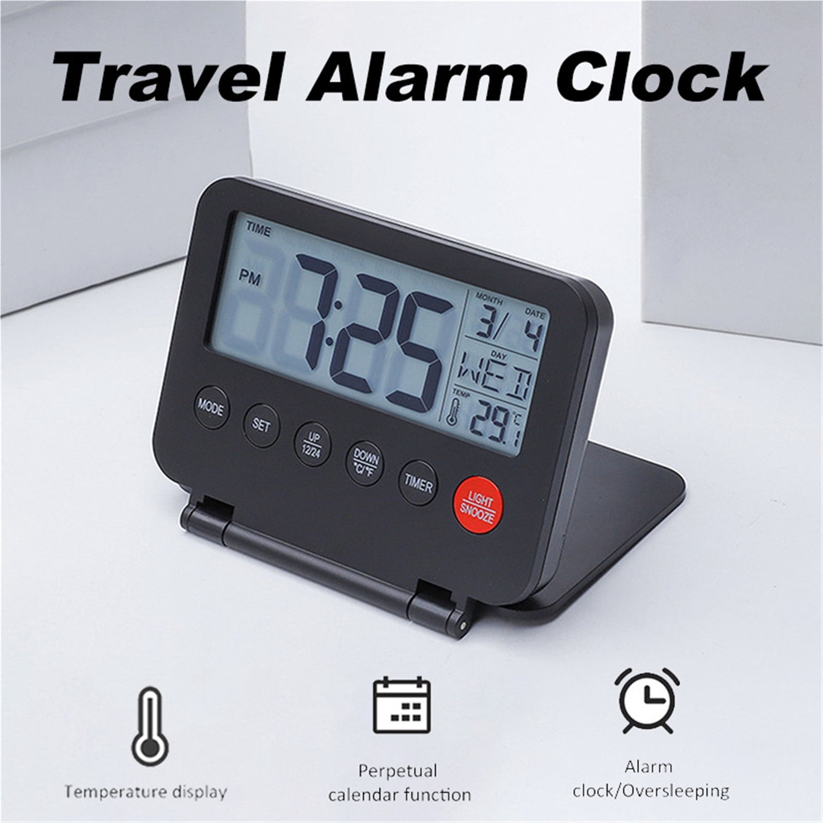 Travel Alarm Clock Ultra-thin Small Digital Clock Folding Battery Operated Alarm with Calendar/Backlight/Temp/Snooze