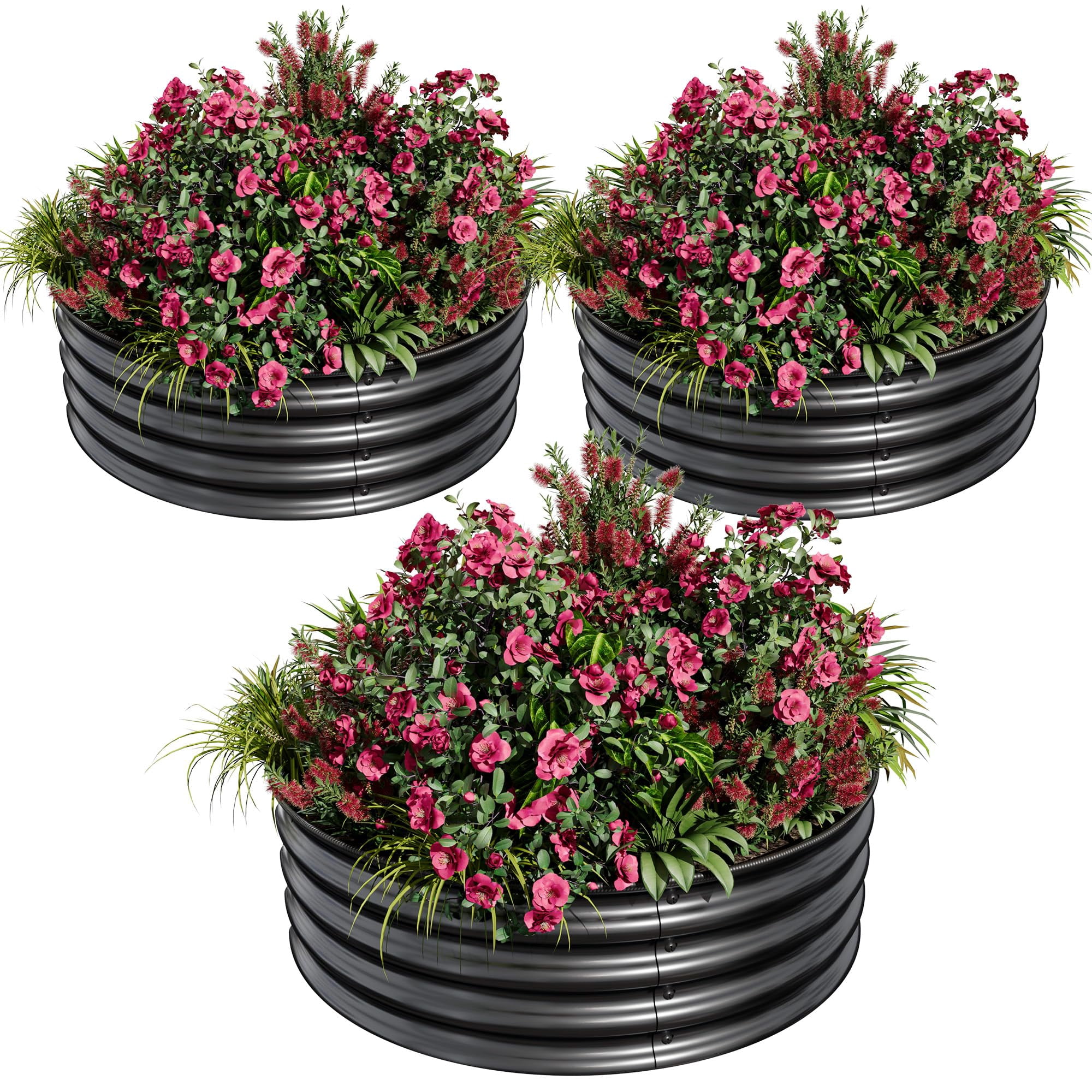 Outdoor Raised Garden Planters – 3-Pack Round Metal Flower Pots with Durable Galvanized Steel, No-Drill Setup, Safe Rubber Trim for Backyard & Balcony