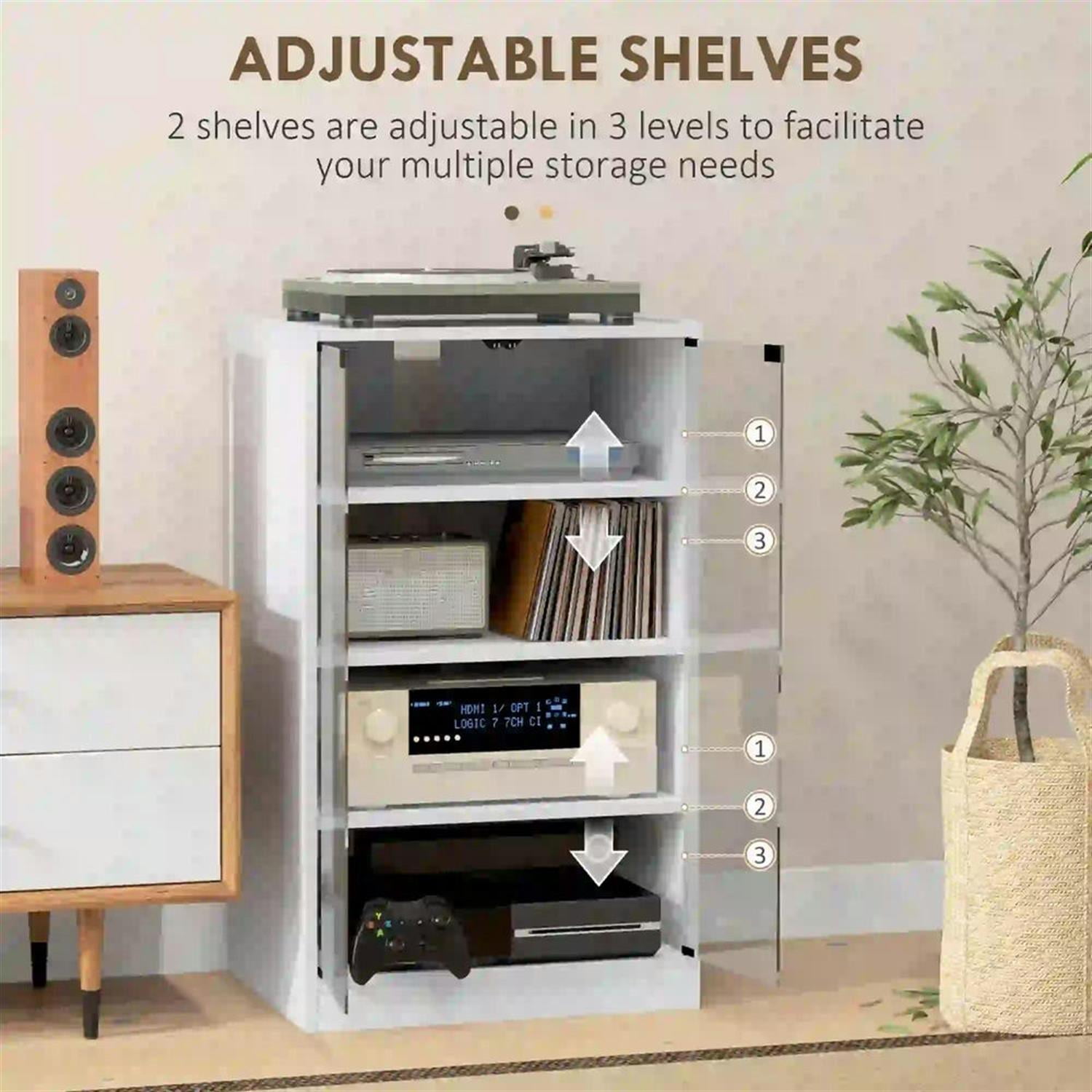 Demi Bonn 5-Tier Media Stand, DVD Storage Cabinet with Adjustable Shelves, Tempered Glass Doors, and Cable Management, White