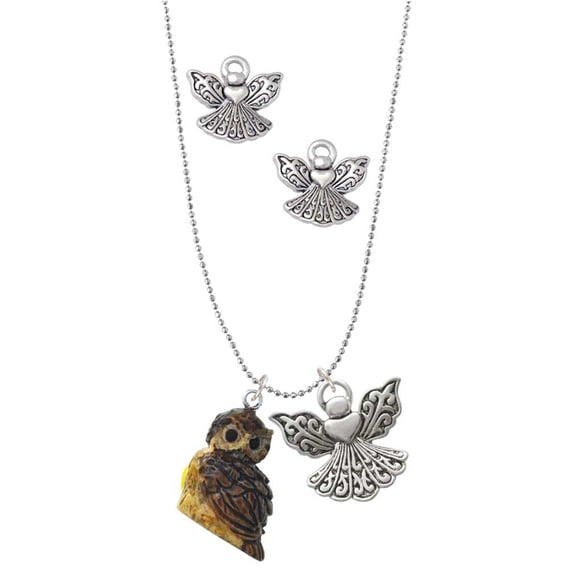 Delight Jewelry Resin Sitting Owl Silver tone Guardian Angel Charm Necklace and Stud Earrings