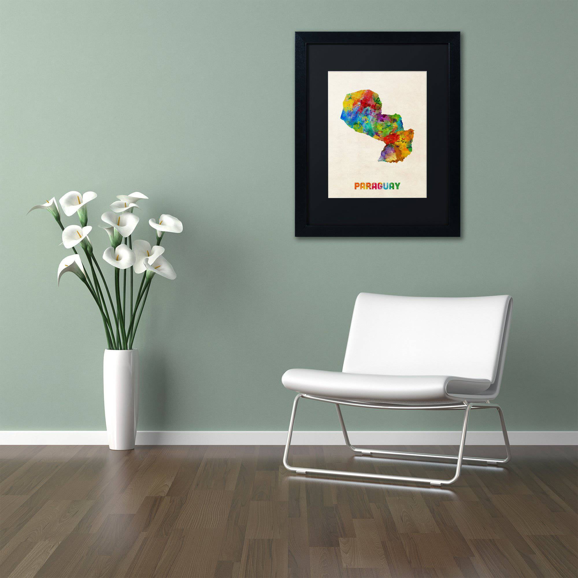 Trademark Fine Art "Paraguay Watercolor Map" Canvas Art by Michael Tompsett Black Matte, Black Frame