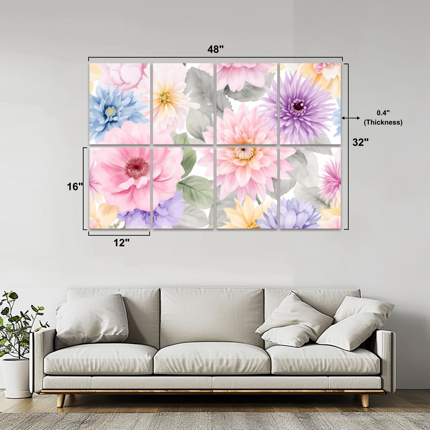 8 Pack Art Acoustic Panels Sound Absorbing Colorful Watercolor Floral Leaves Pastel Flowers Decorative Soundproof Wall Panels Self Adhesive for Nursery Game Room Bedroom 48"x32"