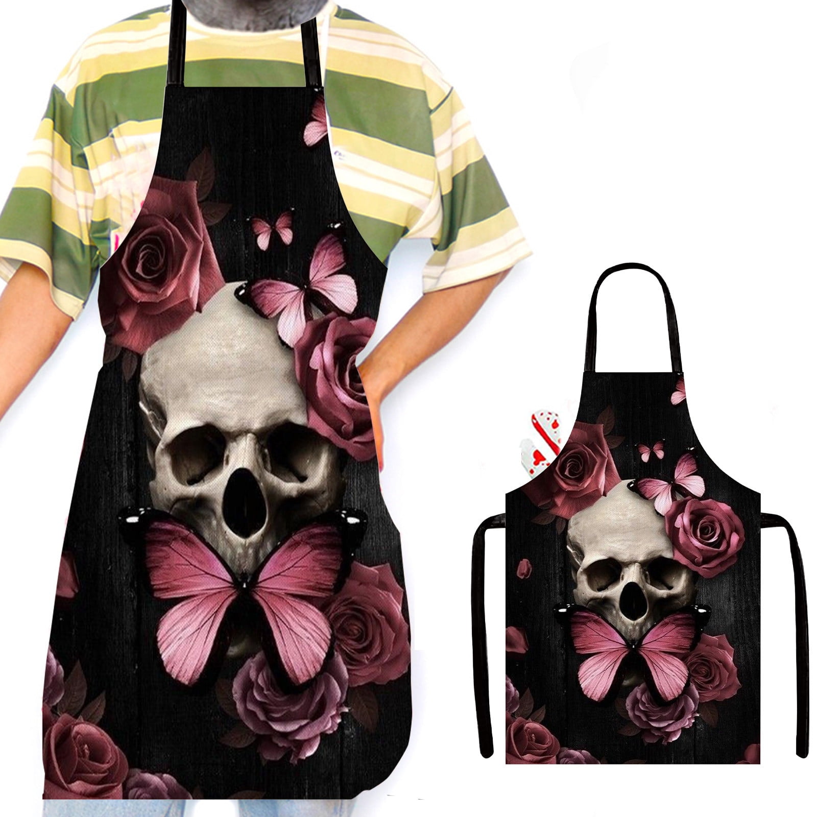 Halloween Apron For Men And Women, Premium Skull Rose Pattern Gothic Holiday Decorative Apron for Kitchen, Dining Room, Cooking