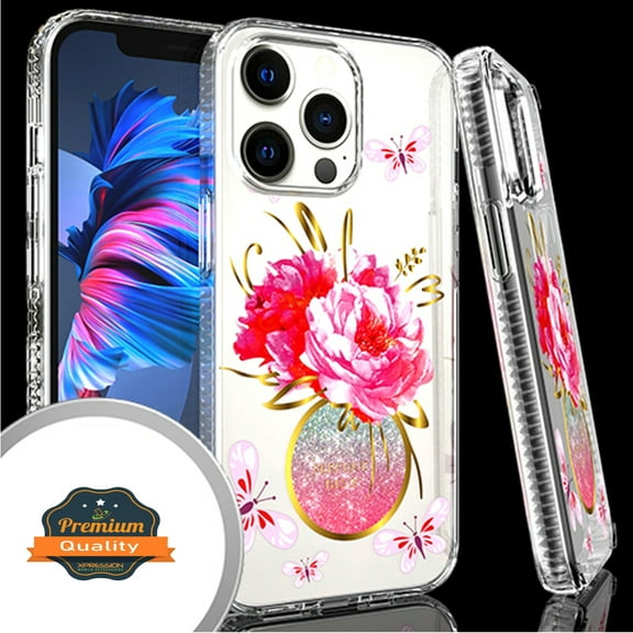 Xpression Case for Apple iPhone 13 Pro (6.1") Clear Fashion IMD Pattern Design Hard Back PC Hybrid Bumper Armor TPU Rubber Silicone Phone Cover [Perfume Floral]