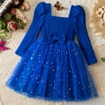 thumbnail image 2 of JSGEK Toddler Girls Sparkly Trendy Dress Puffy Sleeves Square Collar Princess Tulle Dress with Bow Blue 5 Years, 2 of 5
