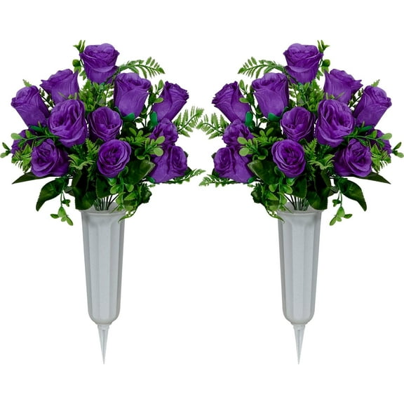 HangTanWan Cemetery Flowers 17.7" Artificial Purple Rose Grave Memorial Bouquet with Vase