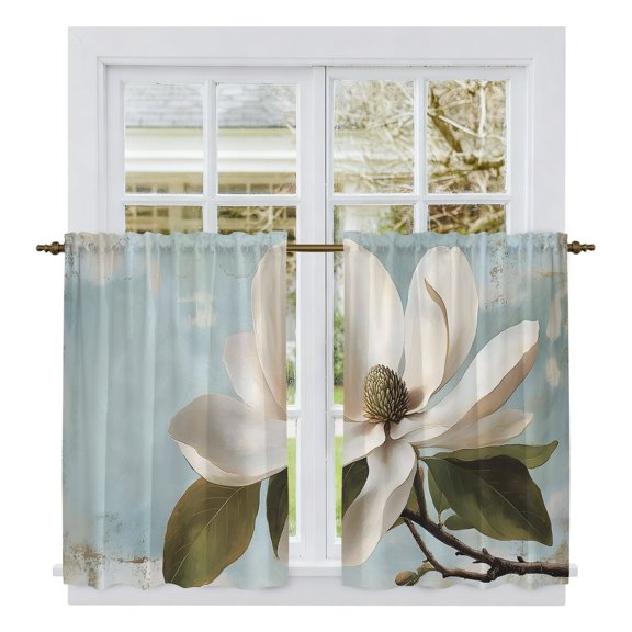 Elegant Flowers Kitchen Curtains 54 Inch Length, Luxury Spring Floral Teal Botanical Summer Tiers Curtains for Bathroom Bedroom Cafe, Light Filtering Small Window Treatment Drapes 2 Panels 42"Wx54"L