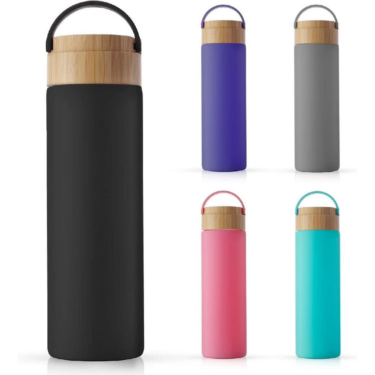  Yomious 20 Oz Borosilicate Glass Water Bottle with Bamboo Lid  and Silicone Sleeve – Reusable BPA Free – Glass Drinking Bottle with Lids -  Cute Glass Bottle for Women - Glass