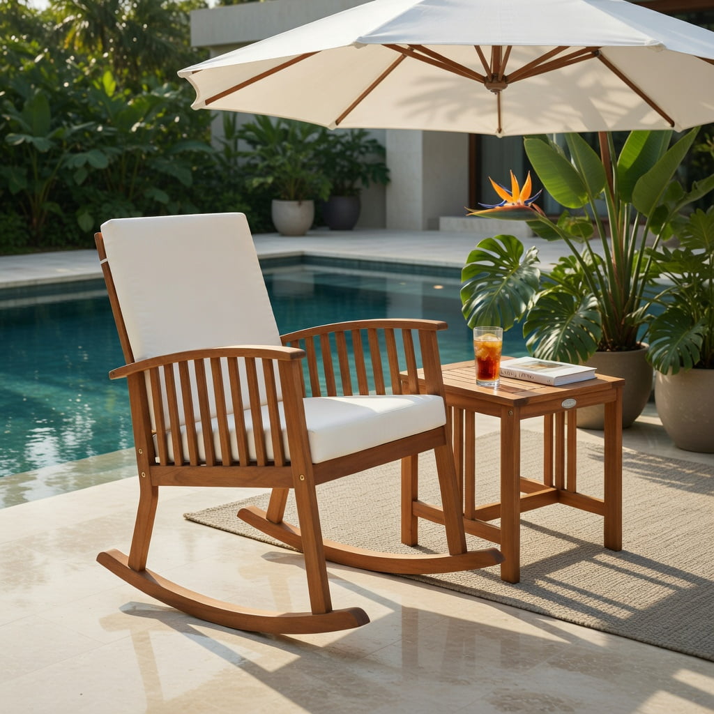 Hommoo 2-Piece Acacia Wood Rocking Chair & Side Table Set with Removable Cushions, Teak Outdoor Patio Furniture for Deck, Backyard, Balcony, and Indoor Living Room, Natural