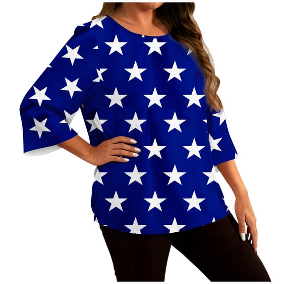 QINGFSAP Womens Plus Size 3/4 Flared Sleeve Round Neck Loose Fit Tunic Star Print Blouse