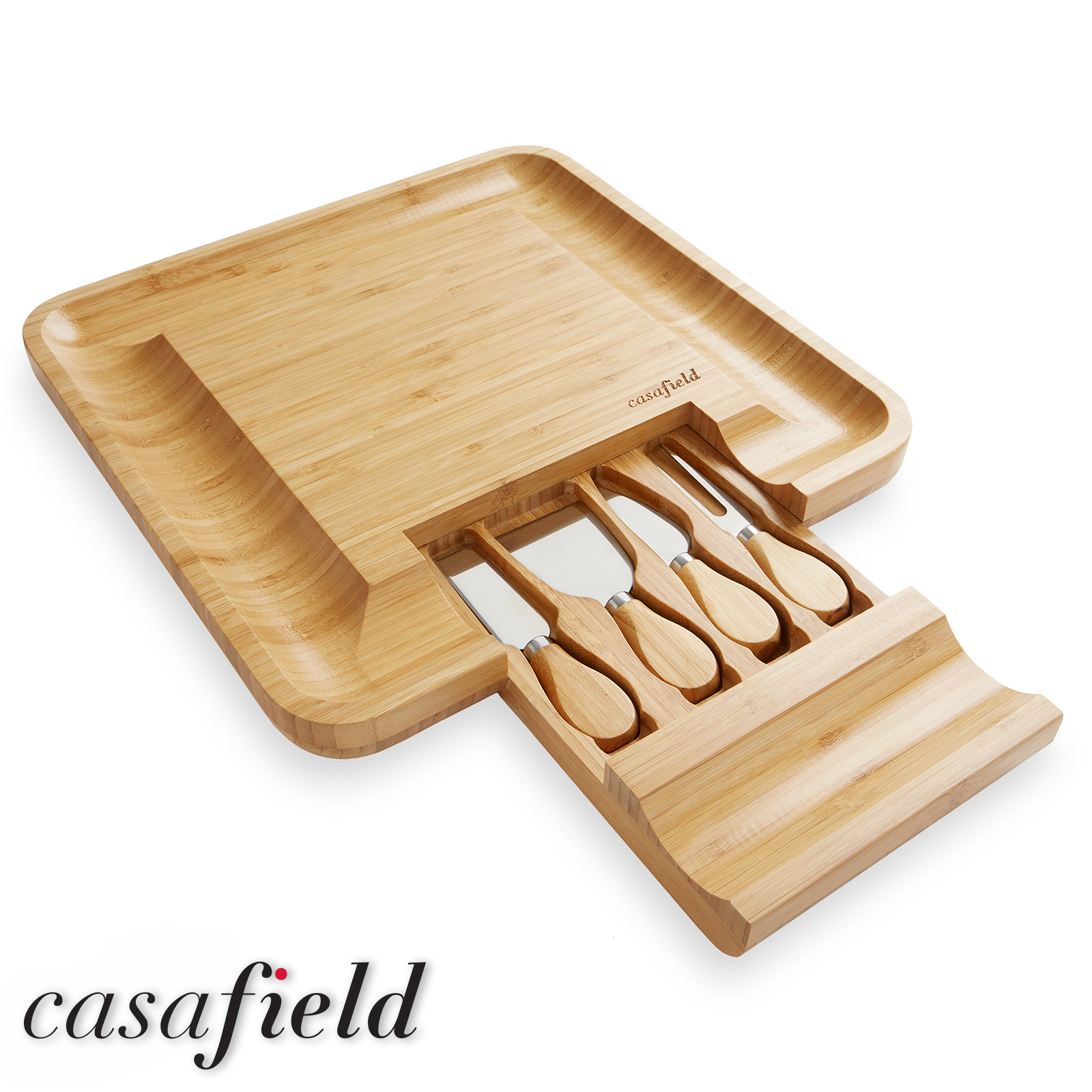 Casafield Organic Bamboo Cheese Cutting Board & Knife Gift Set - Wooden Serving Tray for Charcuterie Meat Platter, Fruit & Crackers - Slide Out Drawer with 4 Stainless Steel Knives - image 2 of 7