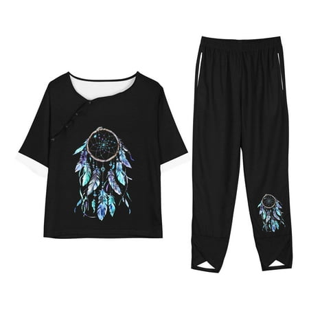 KIJBLAE Women s Dreamcatcher Print Two Piece Outfits Summer Short Sleeve Round Neck T-Shirt Drawstring Elastic Waist Long Pants Tracksuit Set Black XXXL