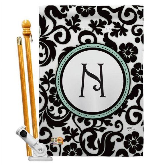 Breeze Decor BD-SB-HS-130066-IP-BO-D-US09-BD 28 x 40 in. Vertical Damask N Initial Interests Simply Beauty Impressions Decorative Double Sided House Flag Set with Pole & Bracket Hardware