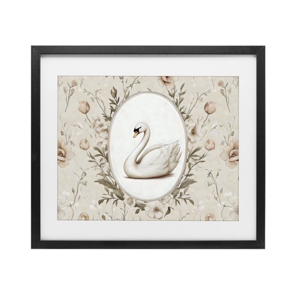 Stupell Industries Cottage Swan Vignette in Floral Border Black Framed Print Under Glass, 16 x 13, by Arlington Prints