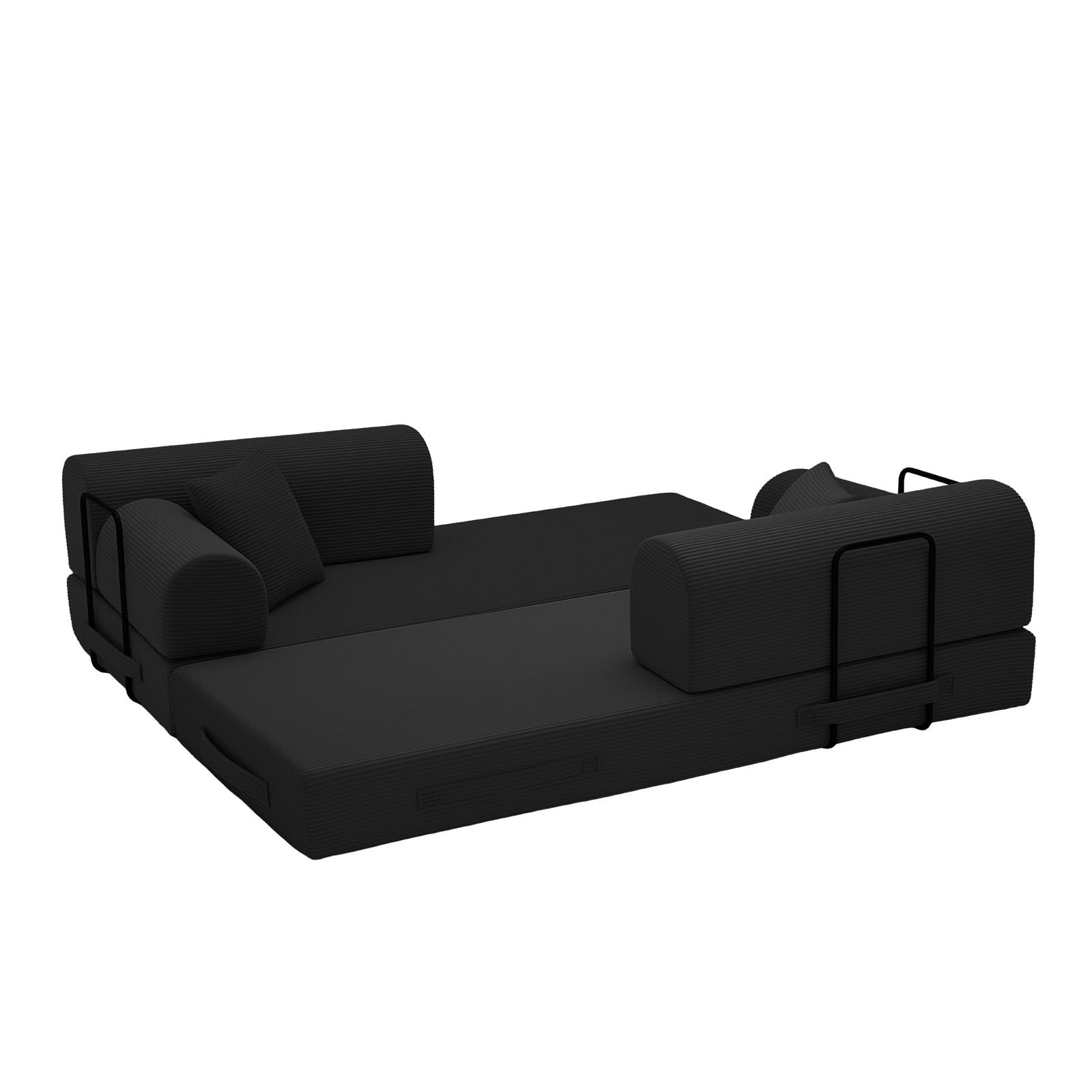 Hommoo Modern Convertible Sleeper Sofa Couch Bed, Compressed Corduroy Fabric Floor Sofa Couch with Fixed-Shape Frame, Black