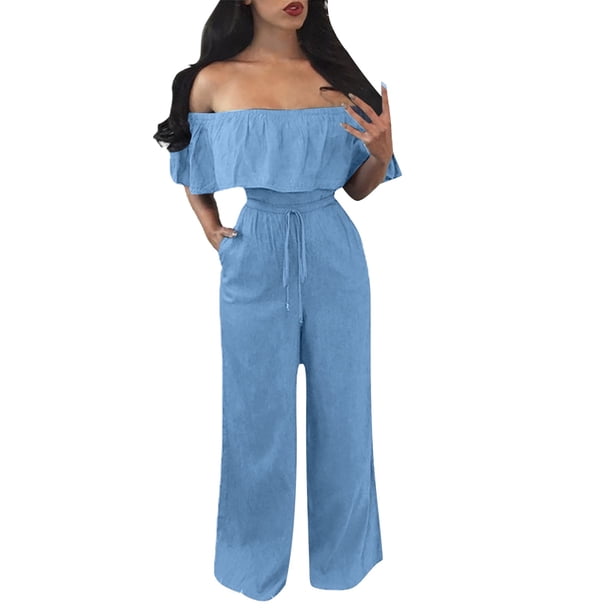Gibobby Mono Ajustado de Verano Pantalones de mezclilla fácil con volantes sin tirantes para mujer Pantalones de pierna ancha Pantalones(Azul, XXXL)