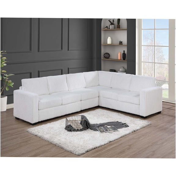 JERFIT Modern L-Shaped Corduroy Sectional Sofa Set, 4-Piece Plush Convertible Couch with Wedge and Pillows for Living Room, Milk White