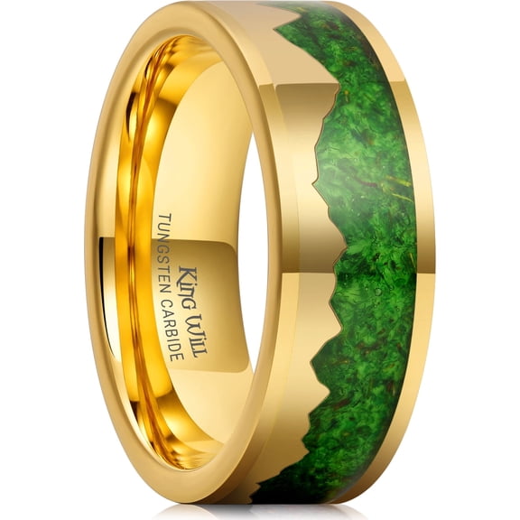 King Will 8mm Wedding Band Inlay with Gold Plated Mountain Degisn Sticker, Green Algae and Mosses Base Tungsten Ring for Men Women, Engagement Ring for Couples, Flat Cut Edge Comfort Fit Size 12