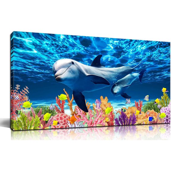Aaheei Blue Ocean Canvas Wall-Art For Bathroom - Dolphin Wall Art For Bedroom - Kids Room Decor for Boys Ready To Hang 40"x 20"