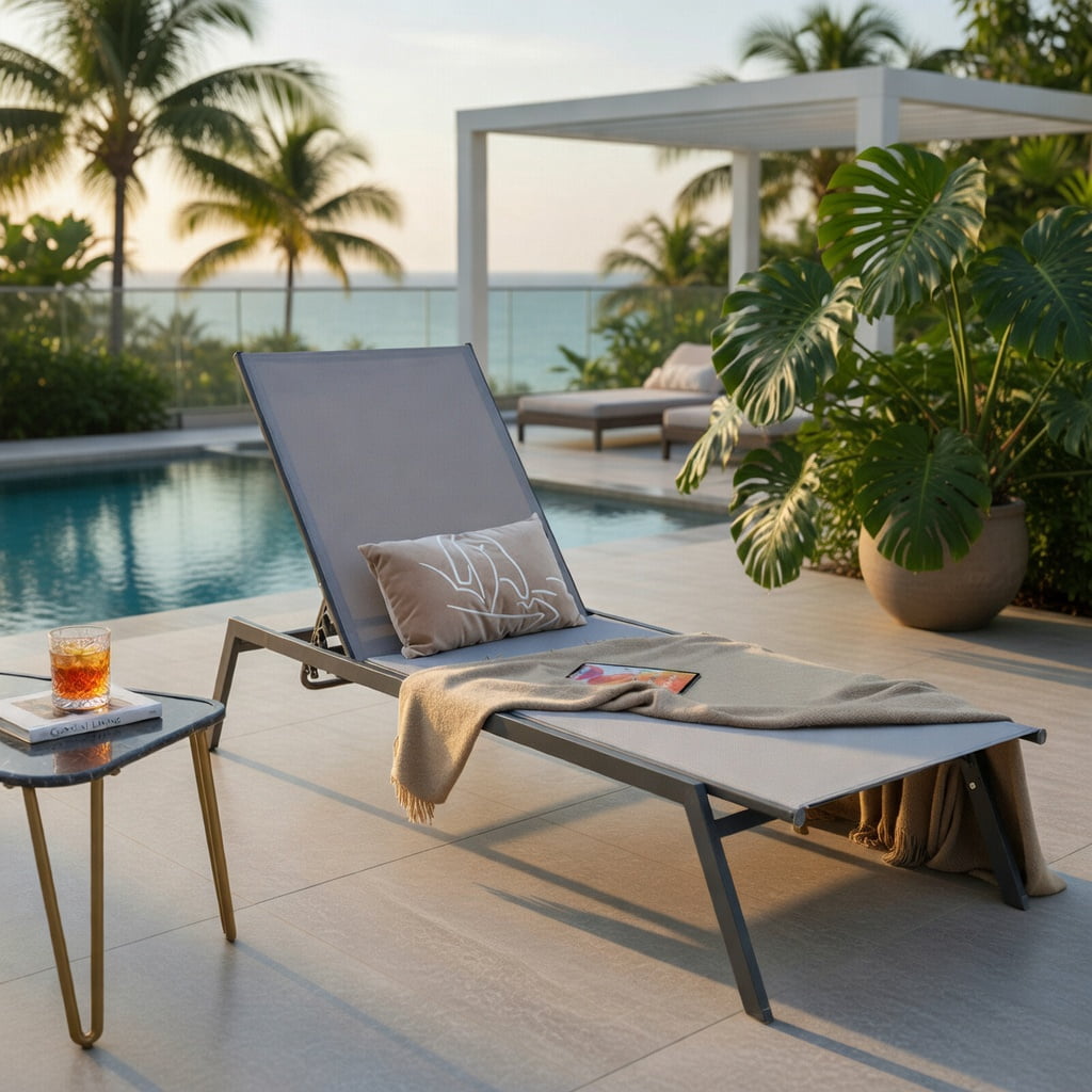 Hommoo Outdoor Adjustable Chaise Lounge Chair, Lay-Flat Steel Frame Sun Lounger with Quick-Drying Breathable Fabric, Patio & Poolside Recliner, Gray
