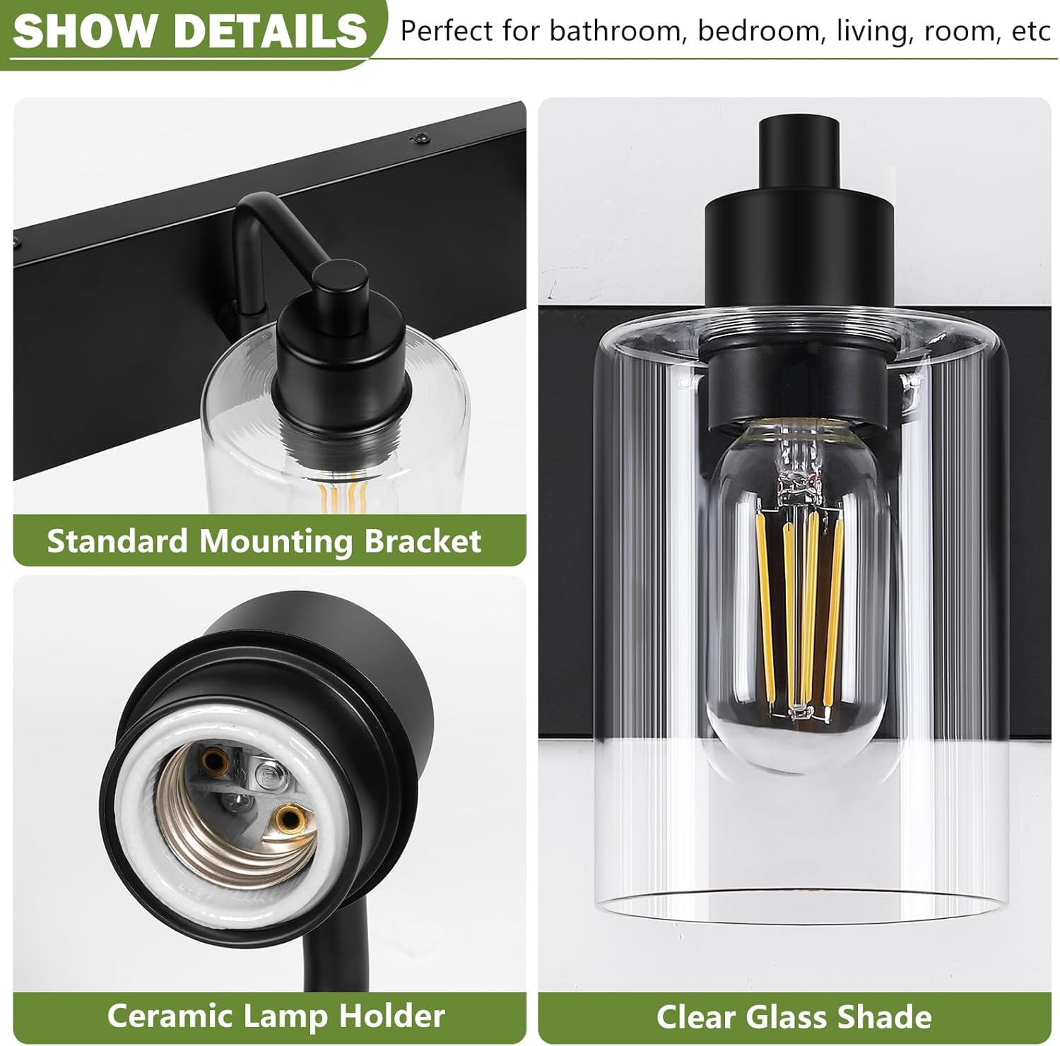 4-Light Bathroom Vanity Light Matte Black Bathroom Lights over Mirror with Clear Glass Shade for Bedroom,Living Room