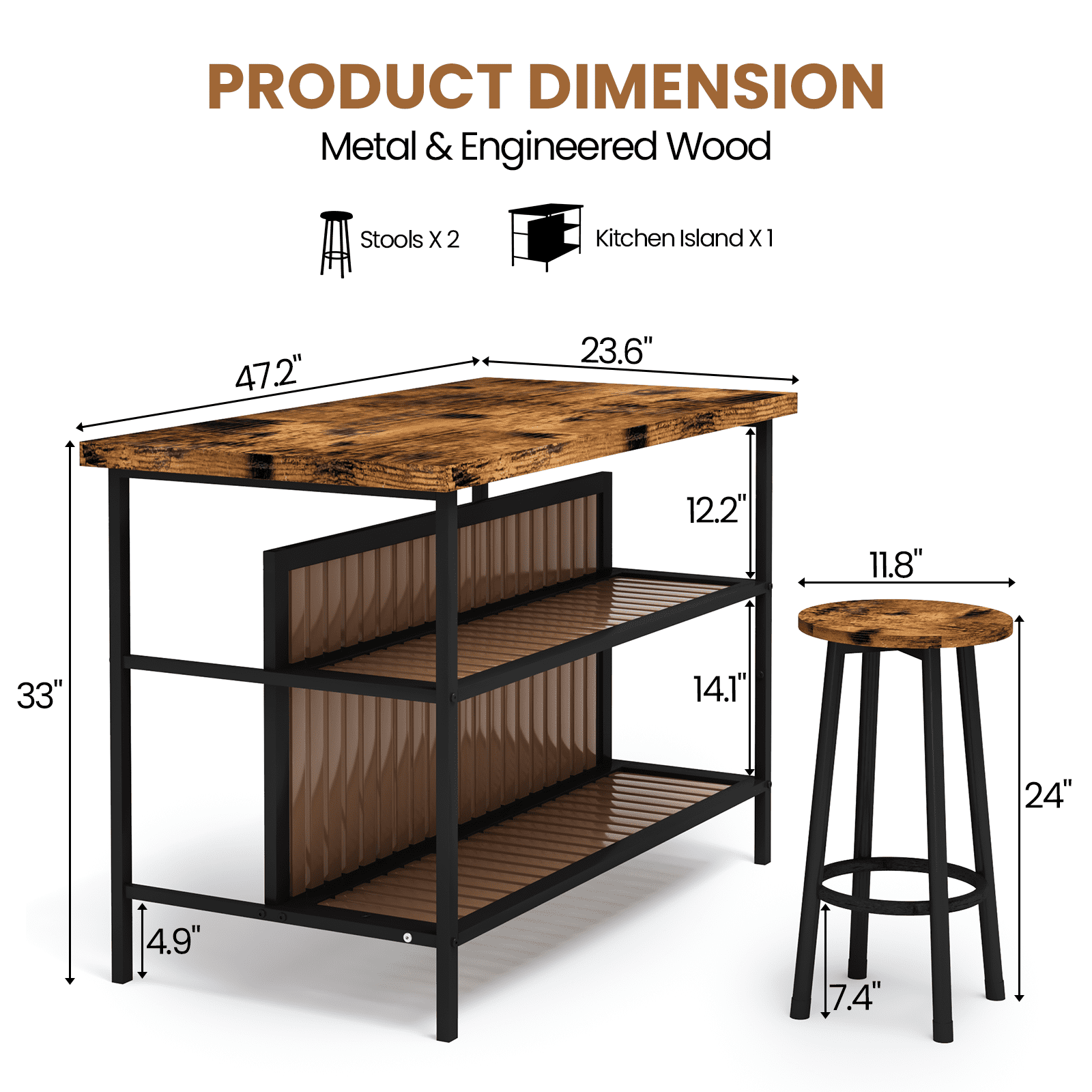 Cvortll Kitchen Island with Seating and Storage, 47.2" Wooden Counter Height Bar Table with 2 Stools, Space Saving Dining Table Set for Small Apartment or Bistro, Brown
